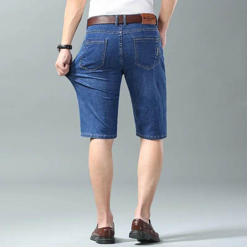 Summer Mens Denim Shorts Fashion Light Color Casual Loose Multi-pocket Straight Five-minute Pants Elastic Knee Shorts 250530