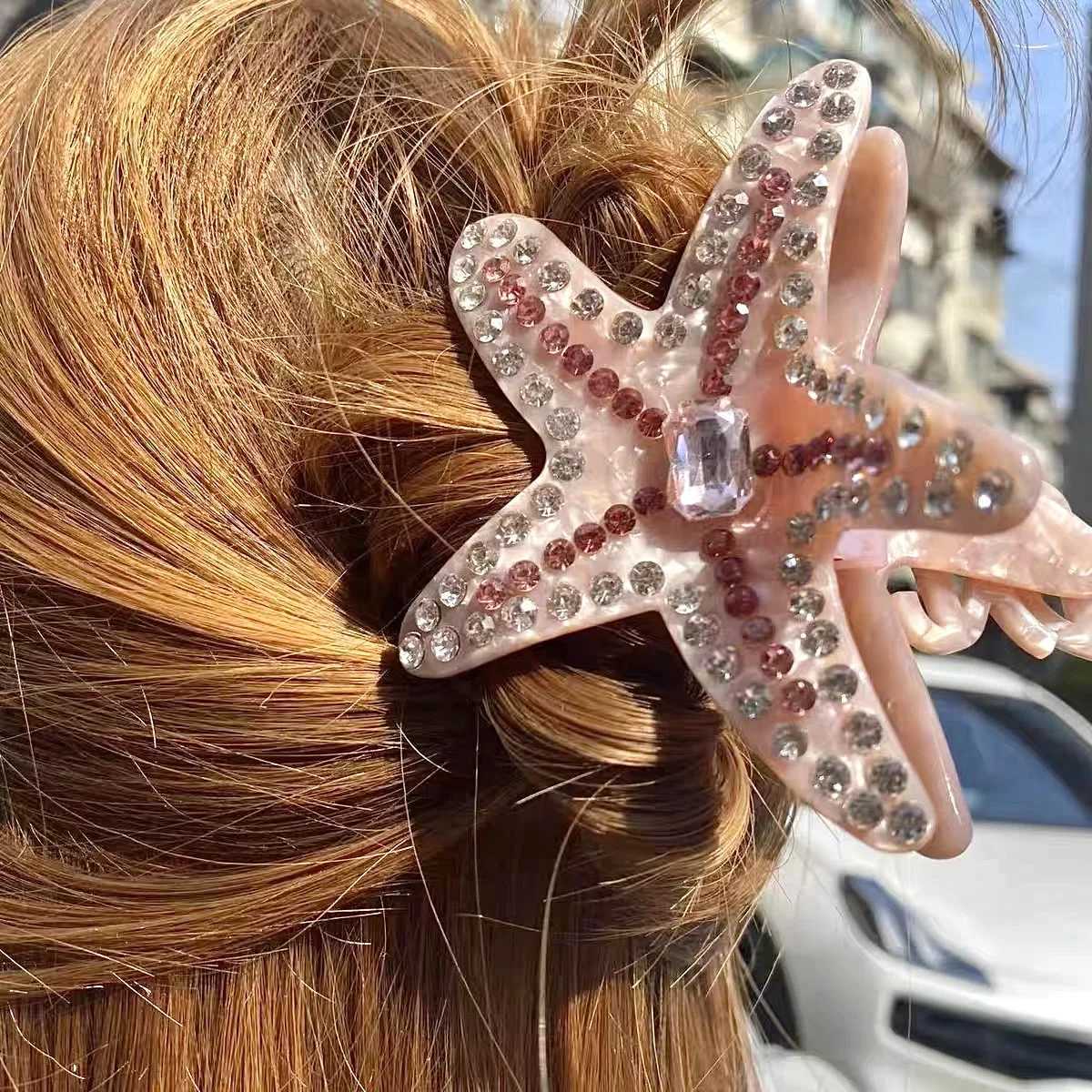 HANGZHI Pink Starfish Rhinestone Hair Clip Sparkling Eye-catching Shark Clip Summer Beach Holiday Hair Accessories for Women Z250605
