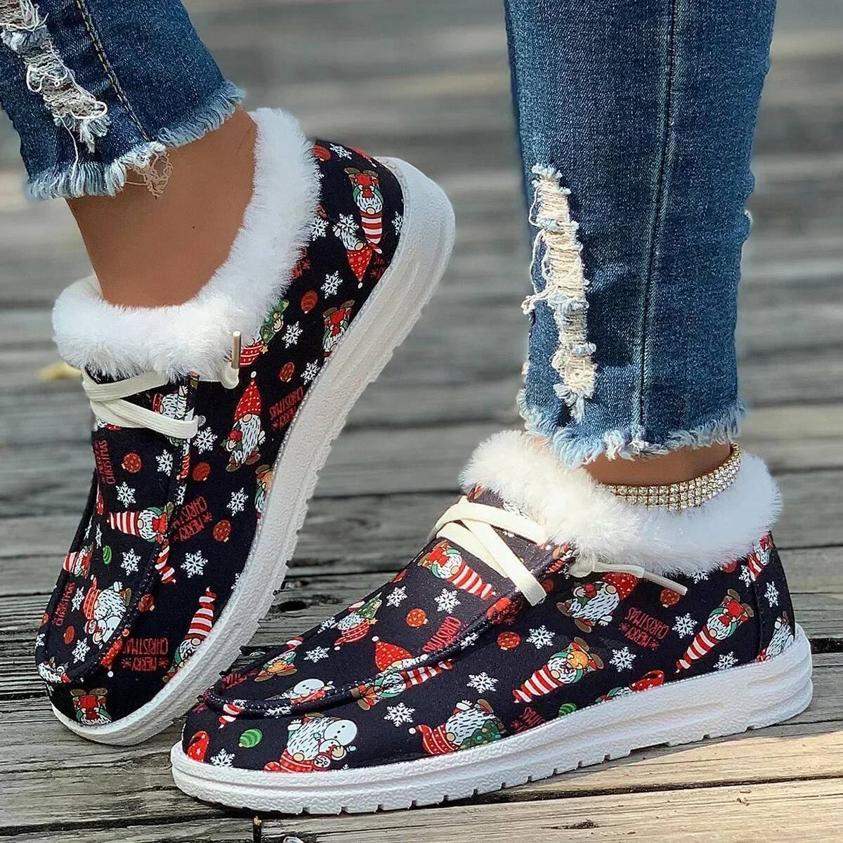 Ddmyoutdoor Ladies Flat Casual Women New Winter Ankle Snow Boots Woman Christmas Print Cotton Shoes Short Plush Booties Warm Gift Outdoor Shoes