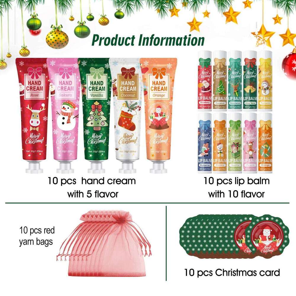 Christmas kit-10 sets/box hand cream kit, lip balm set, with Santa Card and red bag, party gift distribution free shipping