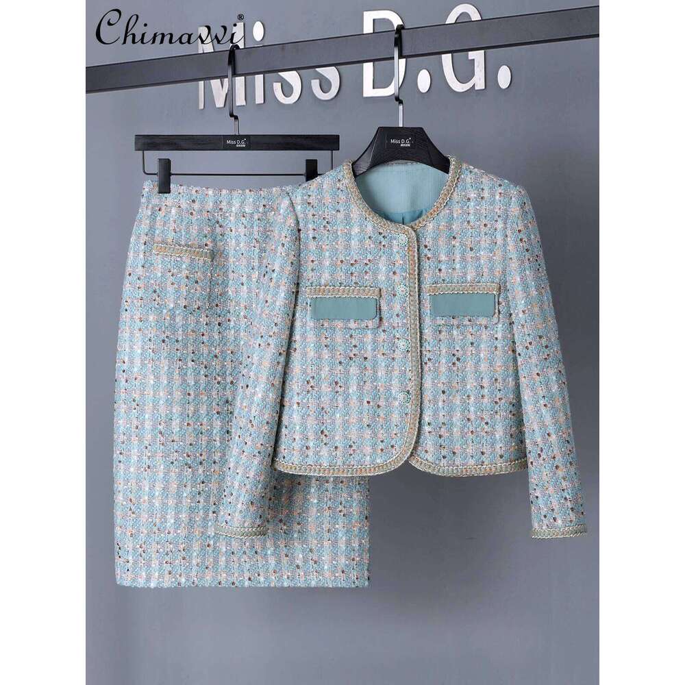 French Elegant Temperament Fashion Suit Round Neck Single-breasted Jacket Top High Waist Slim Skirt Two-piece Sets Women Winter