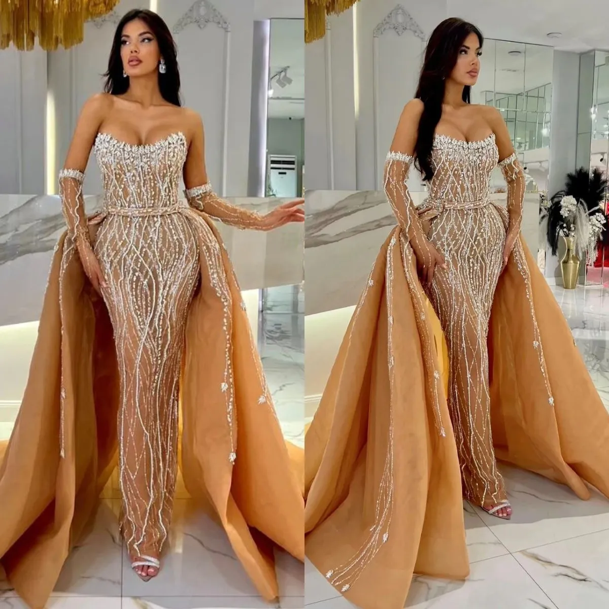 Elegant Strapless Lace Mermaid Evening Dresses Fashion Sequined Beaded Prom Dress Detachable Train Party Gown Customized