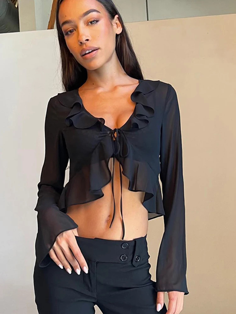 Hugcitar 2025 Women Fungus Lace Solid See Through Silk Flare Sleeve V Neck Crop Tank Fashion Casual Sweet Girl Top 250605