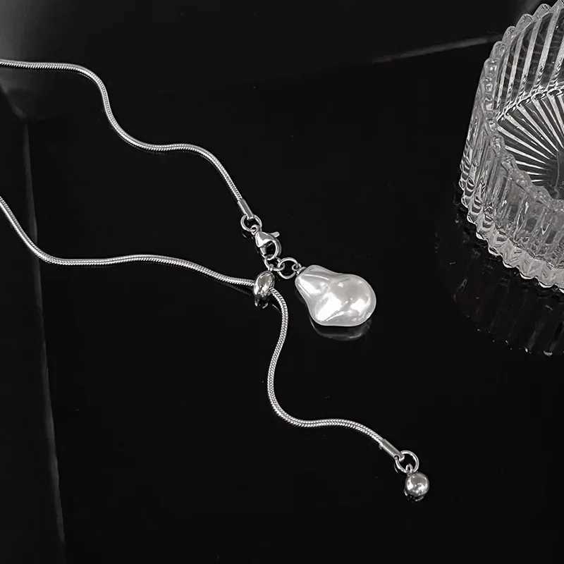 LATS Stainless Steel Long Necklace with Baroque Pearls for Women Adjustable Chain Sweater Accessories Fashion Jewelry Y250605