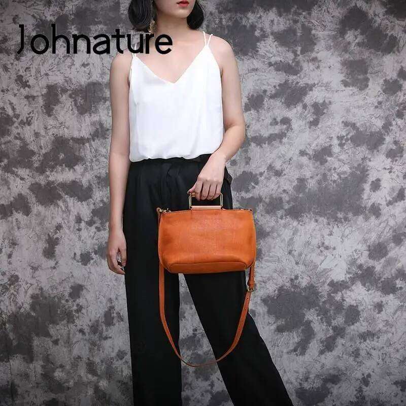 Johnature Handmade Natural Cow Leather Women Bag 2025 New Simple Retro Handbag Large Capacity Solid Color Shoulder Bags 2025/06/06