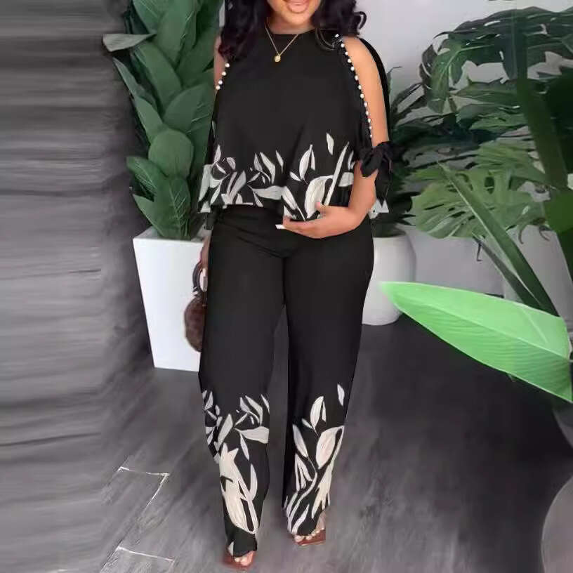 Women's Round Neck Raglan Five-Quarter Sleeve Beaded Positioning Print Long Pants Plus Size Set B5