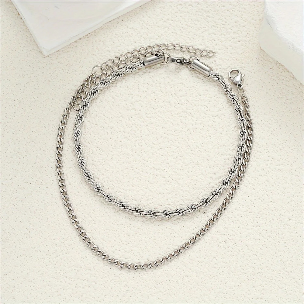 2pcs Stainless Steel Adjustable Silver Color Chain Anklets Set Unisex Daily Wear Beach Twist Metal Anklet Casual Foot Jewelry 250528