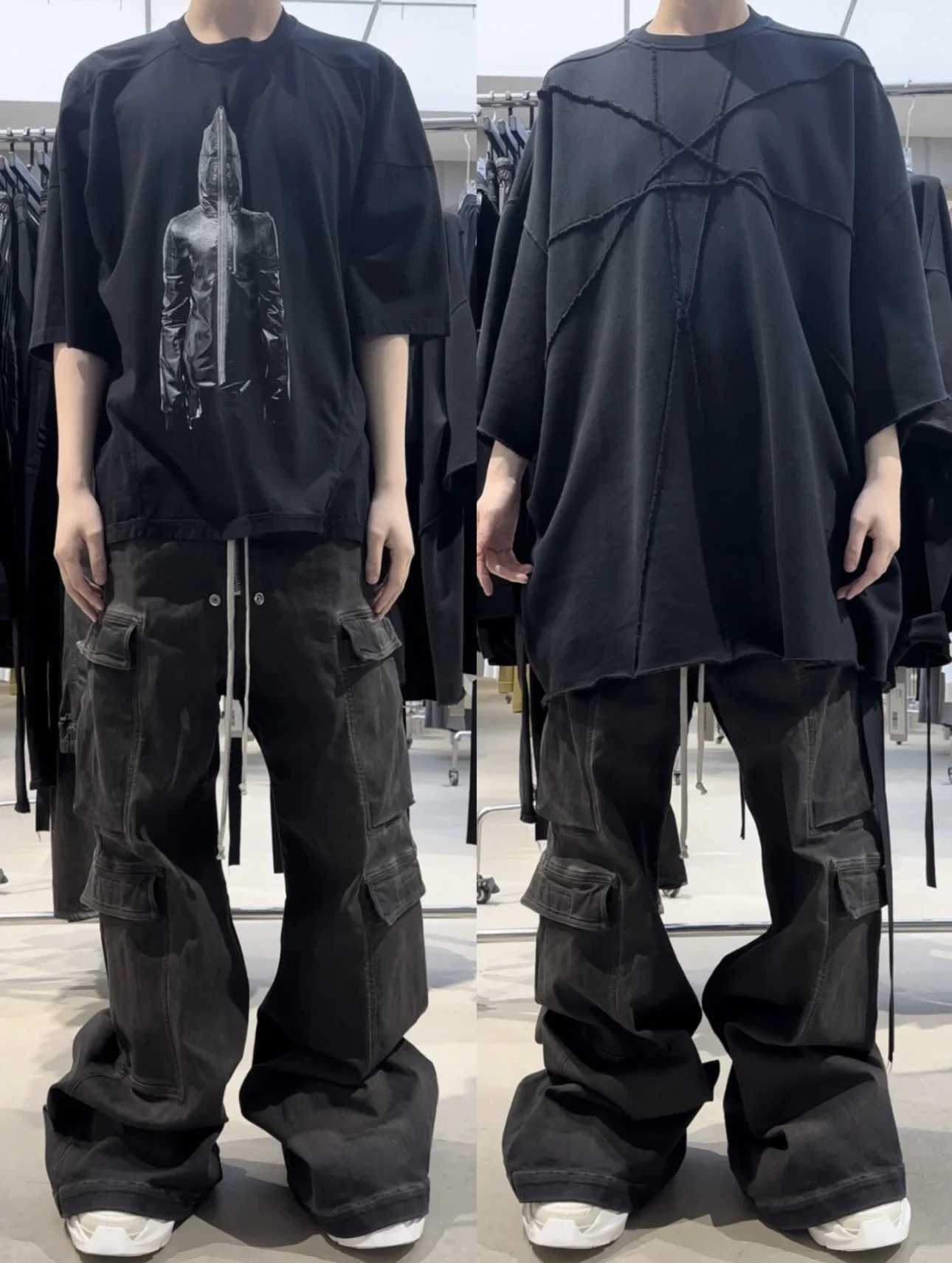 Flare Denim Jeans Washed Gray Gradient Pocket Crane Pants Straight Owen Casual Drawstring Loose Jeans Z250605