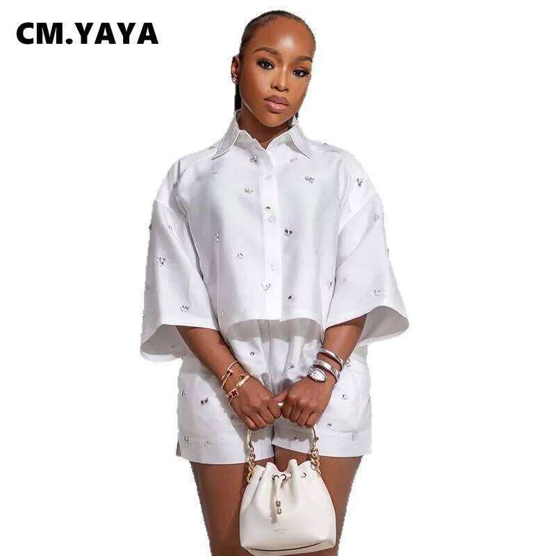 CM.YAYA Fashion Beading Women's Set 3/4 Sleeve Shirt Tops and Shorts 2025 Summer Street Two 2 Piece Sets Outfits Tracksuit