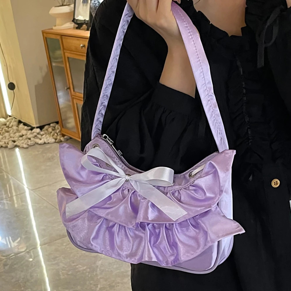 Womens Ruffles Lace-Up Soft Underarm Bag Spring Summer Sweet Solid Color Zipper One Shoulder Bags Party Club Handbags 250605
