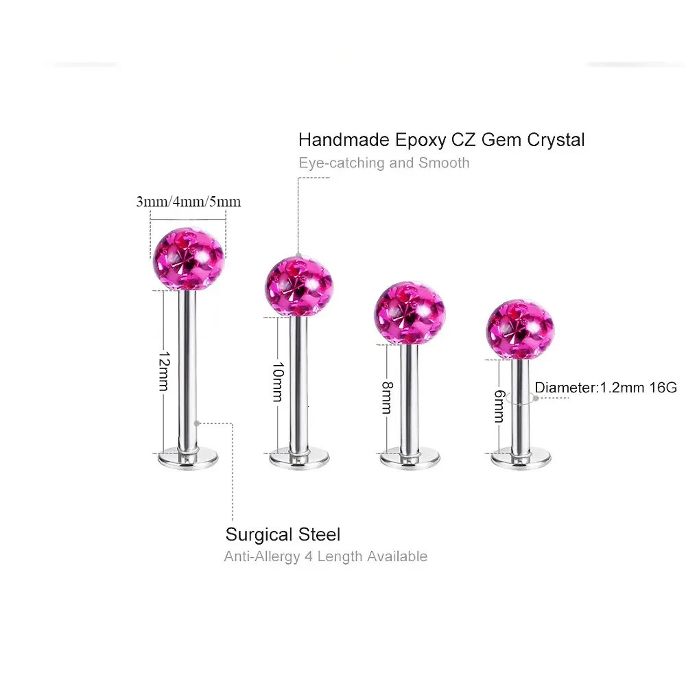2X 3/4/5mm Coated Crystal Steel Labret Ring 6mm - 12mm Bar Ear Nose Monroe Lip Stud Piercing Jewellery 16g 1.2mm 250605