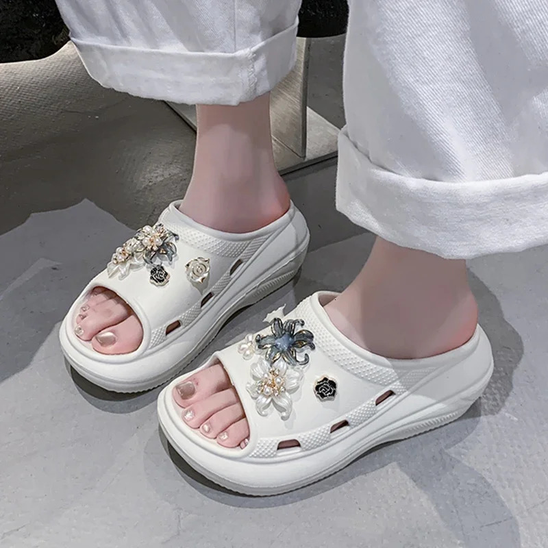 Pearl Flower Thick Sole Eva Slippers Women Summer 2025 Diy Wedge Heels Sandals Woman Chunky Platform Non Slip Beach Slides Shoes 250603