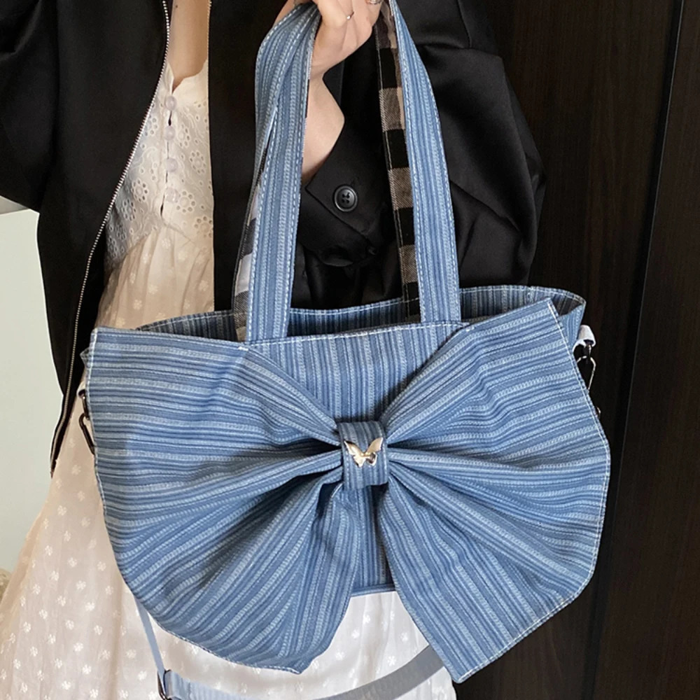 Women Large Capacity Tote Bag Casual All-Match Striped Zipper Bow Underarm Bags Daily Commute Versatile Crossbody Packs 250605