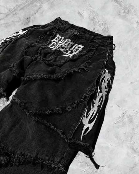 Vintage Patchwork Stripe Embroidery Raw Edge Jeans Y2K Mens Zipper Detachable Patchwork Baggy Jeans Low Waist Wide Leg Trousers Z250605