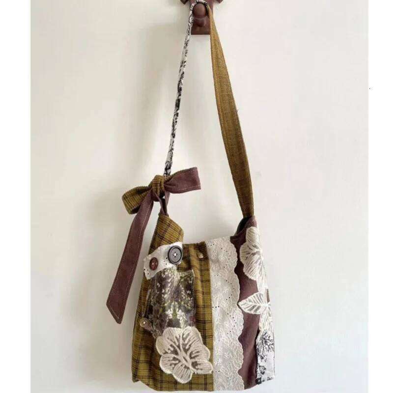 Vintage Lace Large Capacity Handbag Women Retro Patchwork Canvas Casual Shoulder Ladies Versatile Y2k Bags