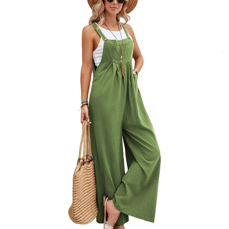 Summer Women Long Jumpsuit Solid Color Casual Loose Thin Size Sleeveless Straps Wide Leg Women Suspender Loose Jumpsuit 250530
