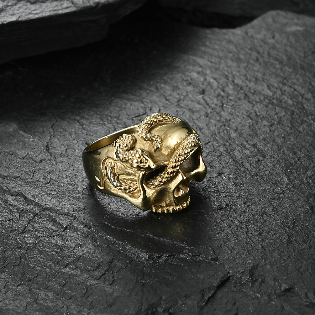 Hip Hop Vintage Stainless Steel Casting Snake Skull Ring Gold Plated Men Jewelry