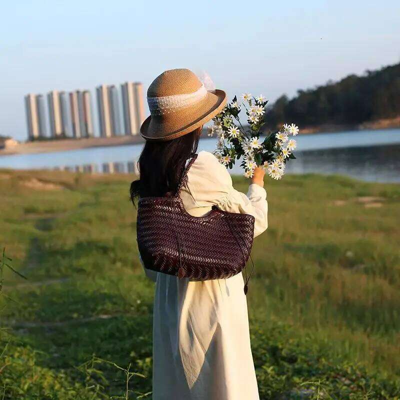 New for Women's Spring and Summer Retro Tote Bag Genuine Split Leather Braided Vegetable Basket Ins Style Irregular Shoulde