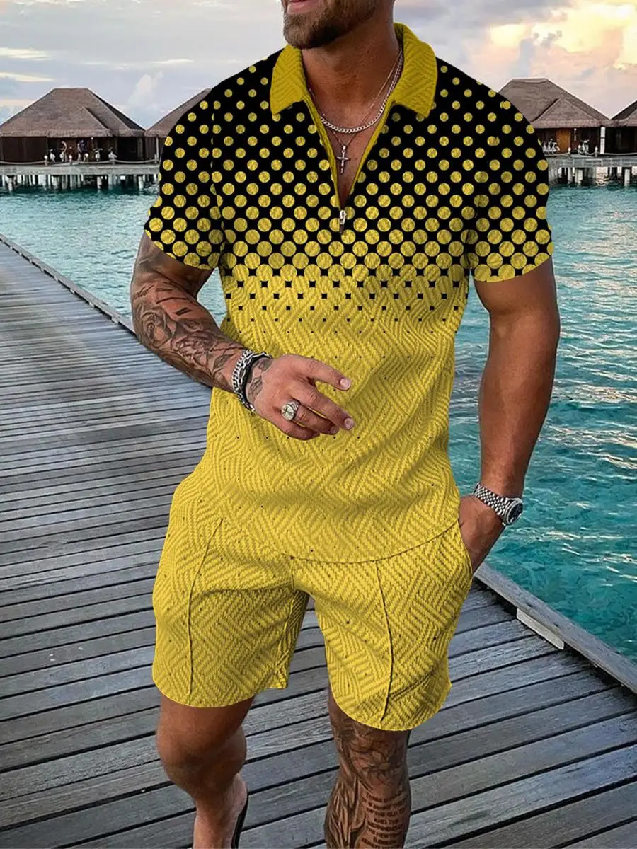 Funny 3D Polka Dot Print Mens Short Sleeve Sets Fashion Zip Polo Shirt Shorts 2 Piece Outfit Summer Street Clothing Casual Suit 250605