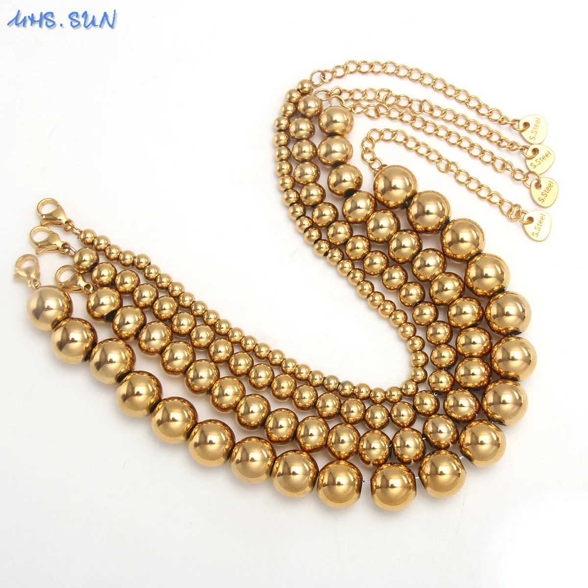 MHS.SUN Waterproof Smooth Beads Bracelet Adjustable Gold Silver Color Stainless Steel Round Balls Bracelets Unisex Party Jewelry W250606