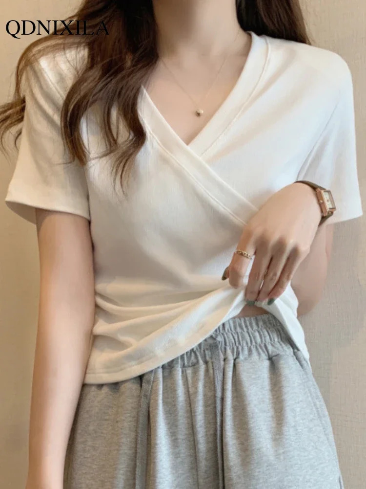 Summer Korean Fashion Casual Cross V-neck Womens T-shirt Short Sleeve Slim Bottoming Shirts Crop Top Youthful Woman Clothes 250605