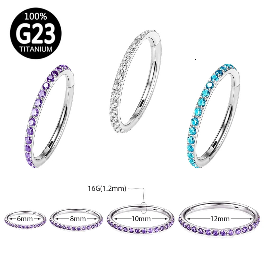 G23 Multi Zircon Nose Ring Hoop 6/8/10/12mm Septum Hinged Clicker Lip Ear Helix Tragus Piercing Jewellery 250605