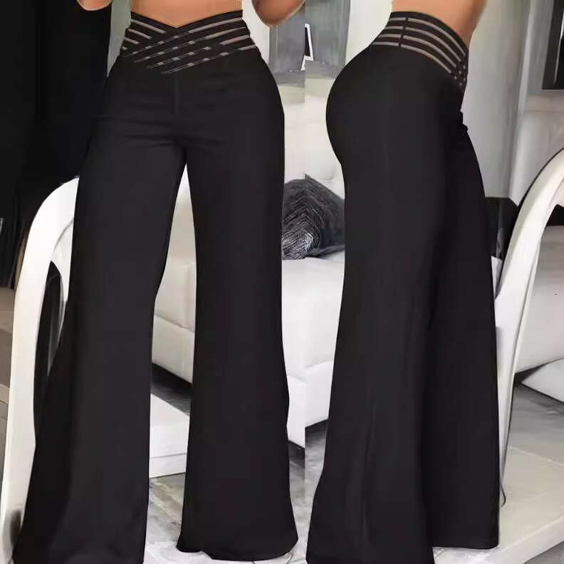 Women's Hollow Out Belted Long Elegant Commuter Flared High Waist Casual Wide Leg Pants B5