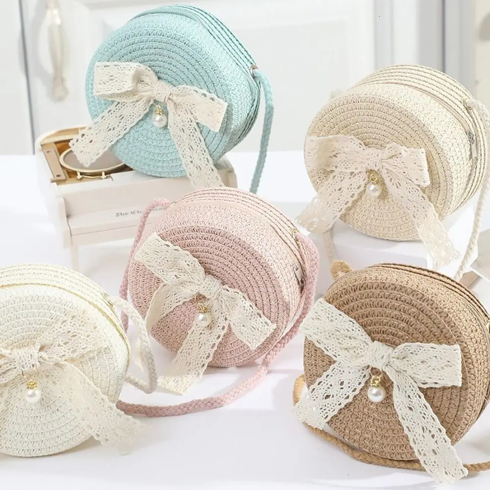 Mini Lace Bow Straw Bag Handwoven Round Summer Beach Zipper Lightweight Kids Crossbody Purse 250605