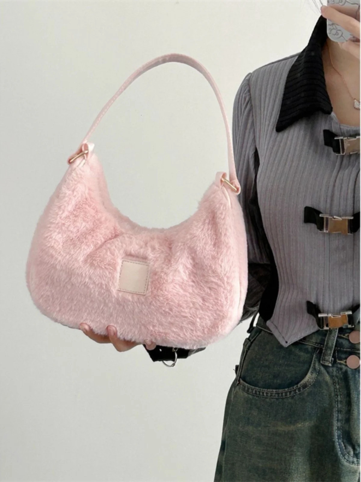 Pink Plush Underarm Bag Korean Versatile Plush Splicing PU Handheld Bag Autumn Winter Cute One Shoulder Bag 250530
