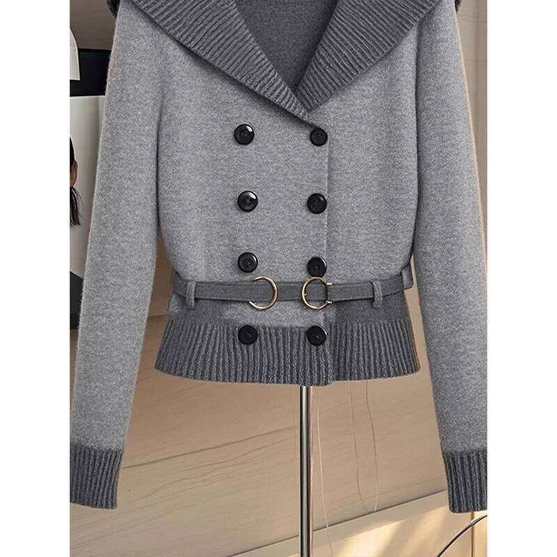 Women's Clothing Temperament Double Breasted Loose Knitted Cardigan Autumn Winter Fashion Thick Turn-down Collar Sweaters