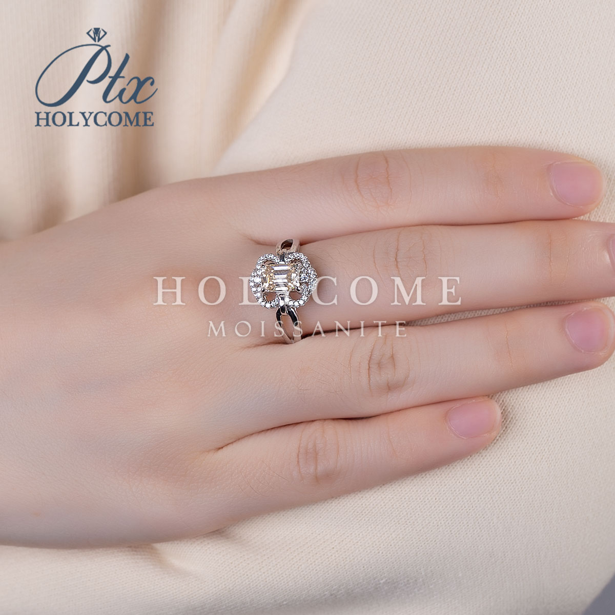 Wholesale High Quality Women Bulk Fashion Flower S925 Silver Champagne 5x7mm 1ct Luxury Emerald Cut Diamond Moissanite Ring