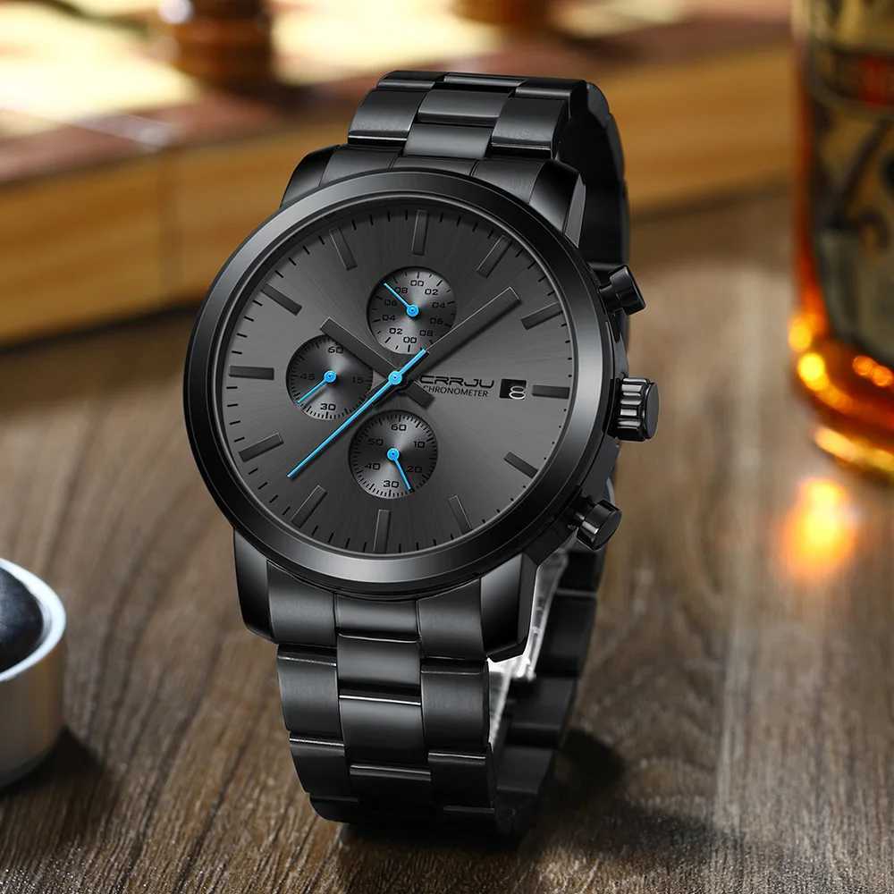 CRRJU Men Watch Luxury Business Stainless Steel WristWatch Military waterproof Date Quartz watch for men Y250605