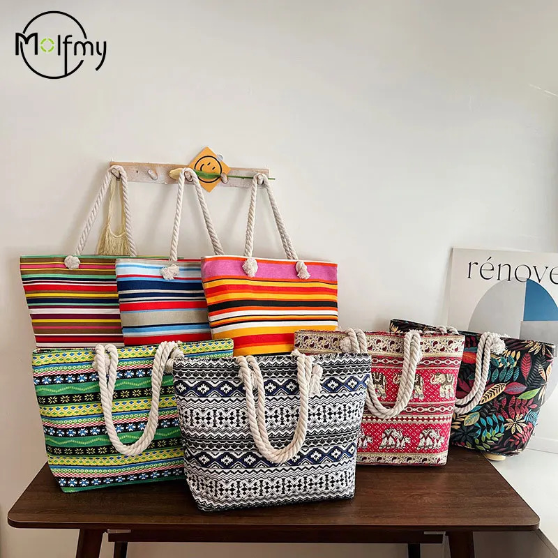 Womens Shoulder Bag Summer Beach Tote Handbag Printing Pattern Canvas Shopping Bags Casual Bucket Female Outdoor Pocket 250605