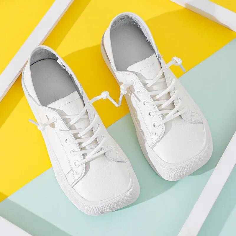 Ddmyoutdoor Genuine Leather White Women S Shoes Ugly Cute Head With Soft Bottom Ladies Design Square Toe Flat Casual Outdoor Shoes