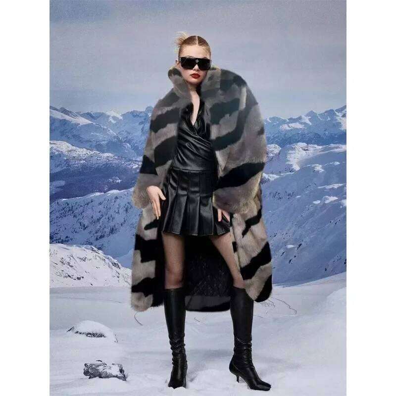 Winter Womens Long Tiger Fur Elegant Thicken Warm Coat Parka Down Jacket Overcoat Y2K Chic Clothes