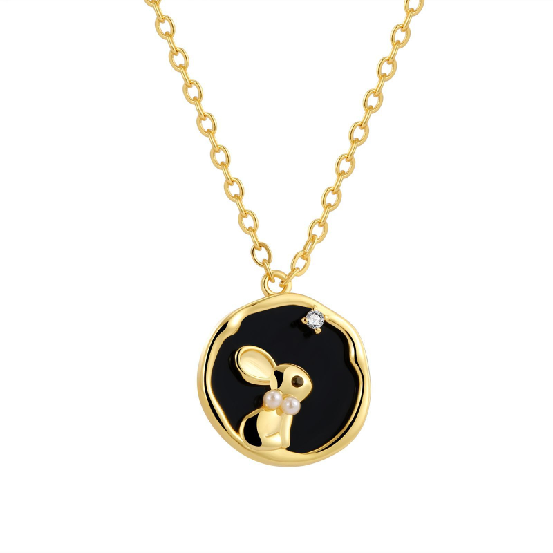 Free shipping Lovely rabbit see the moon designer necklace choker for women gold round retro vintage black cz zircon chokers necklaces jewelry Free sh