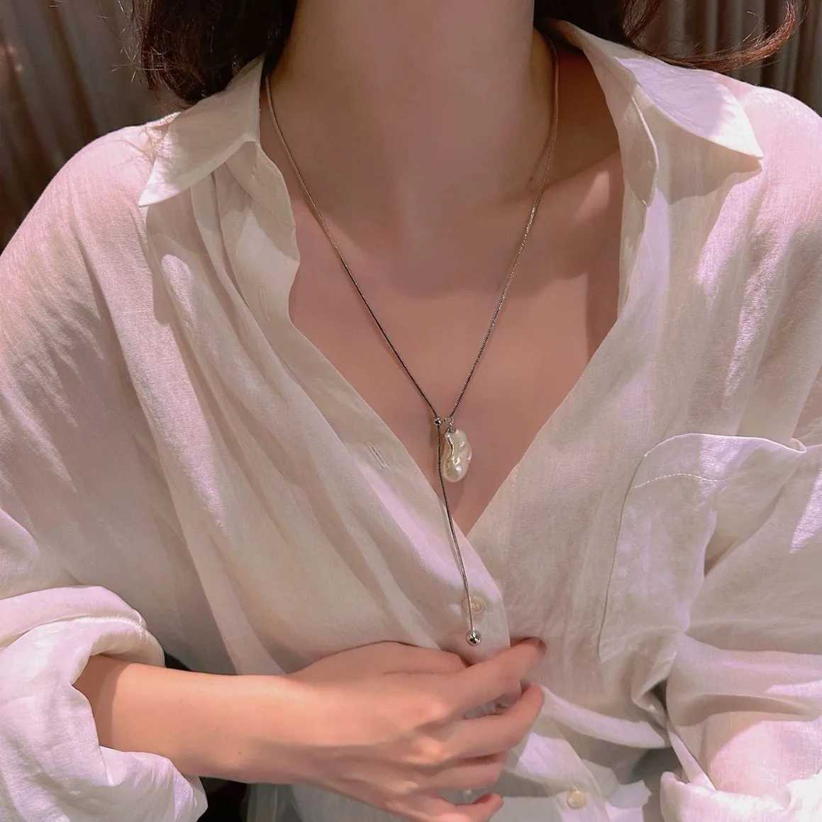 LATS Stainless Steel Long Necklace with Baroque Pearls for Women Adjustable Chain Sweater Accessories Fashion Jewelry Y250605