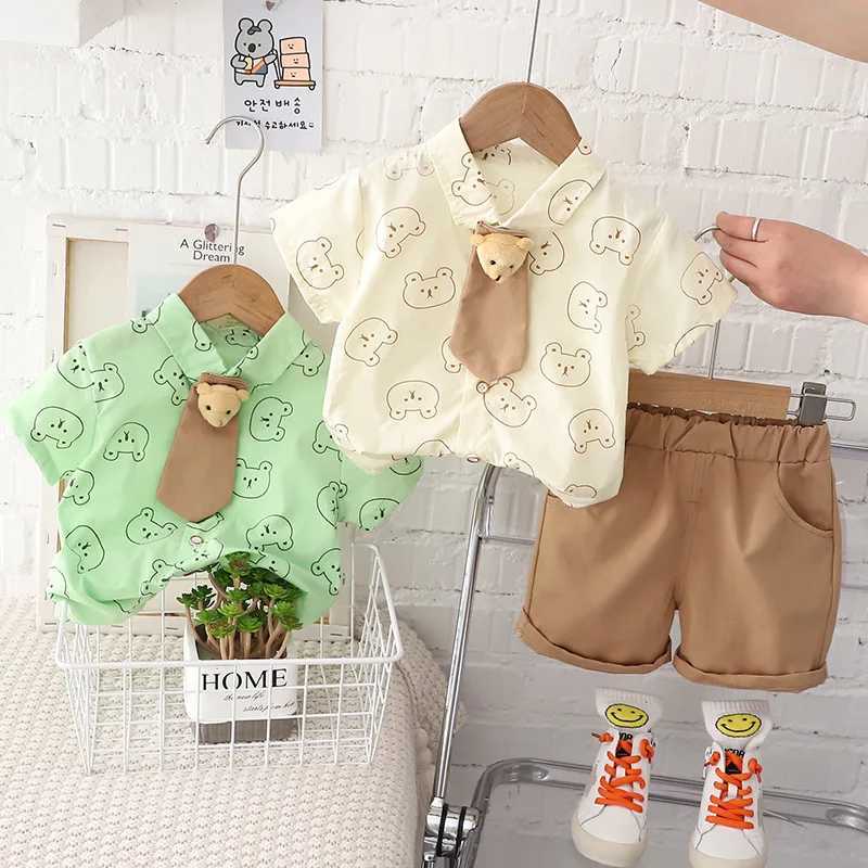 New Summer Baby Girls Boys Clothes Suits Boys Cartoon Bear Tie T Shirt Short 2Pcs/Set Toddler Fashion Children Clothes Suit R250606