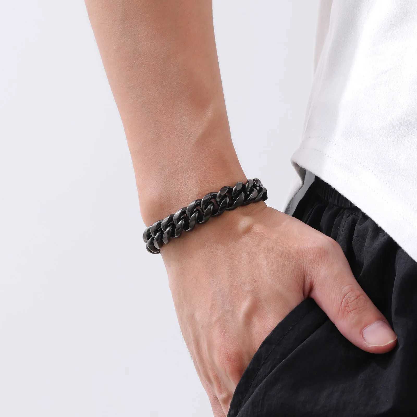 Black Miami Curb Chain Bracelet for Men 6-12MM Chunky Stainless Steel Cuban Link Chain Wristband Stylish Punk Male Jewelry W250606
