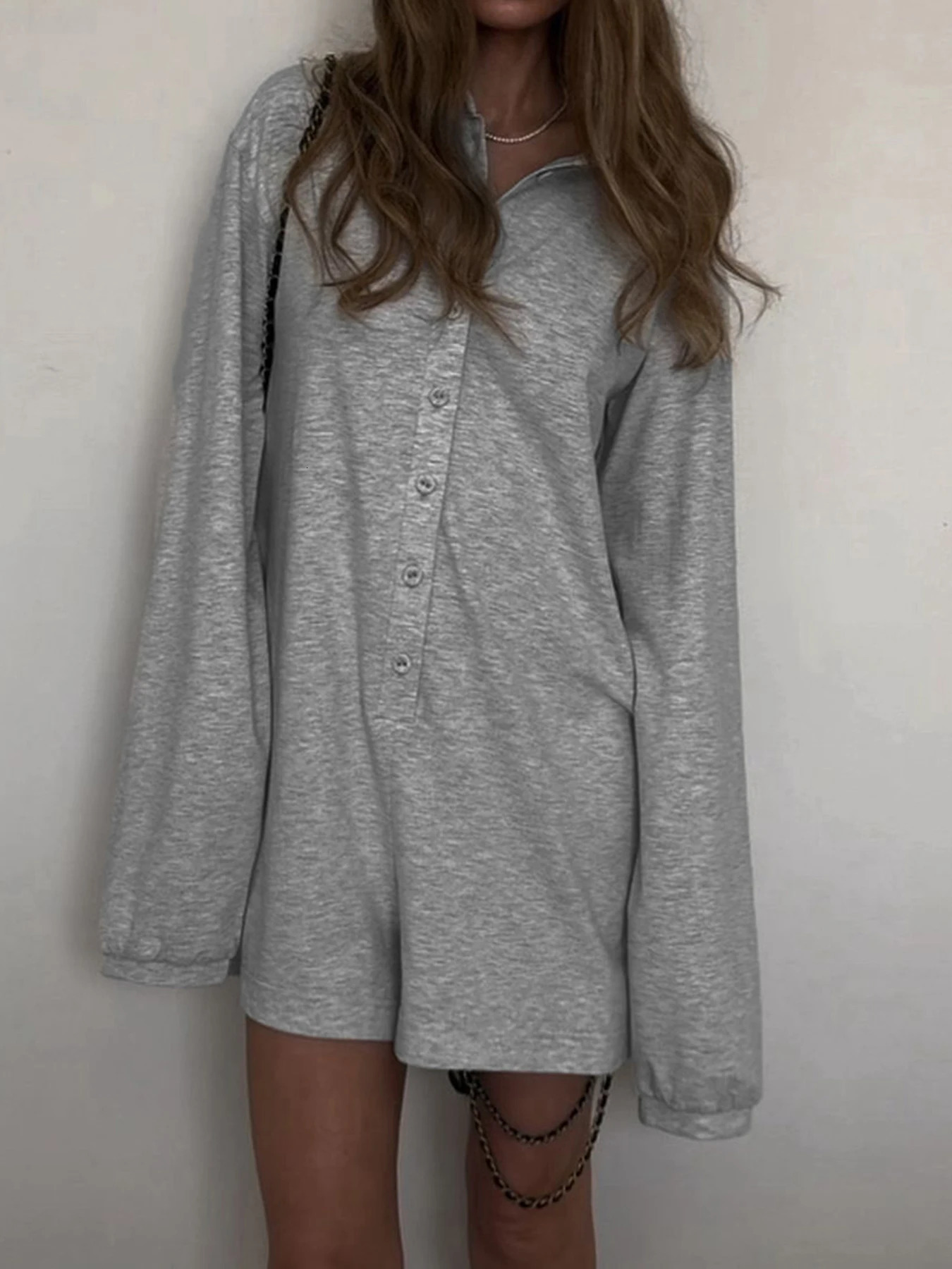 Weekeep Streetwear Gray Loose Rompers Fashion Button Up Full Sleeve Women Playsuits y2k Aesthetic Ladies Solid Outfits Harajuku 250603