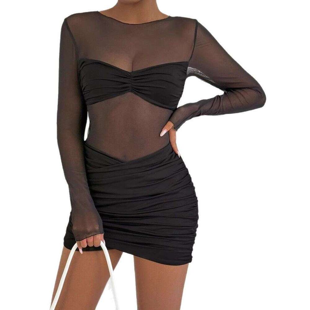 Hot selling women's fashionable round neck long sleeved mesh patchwork short skirt sexy pleated hip hugging dress