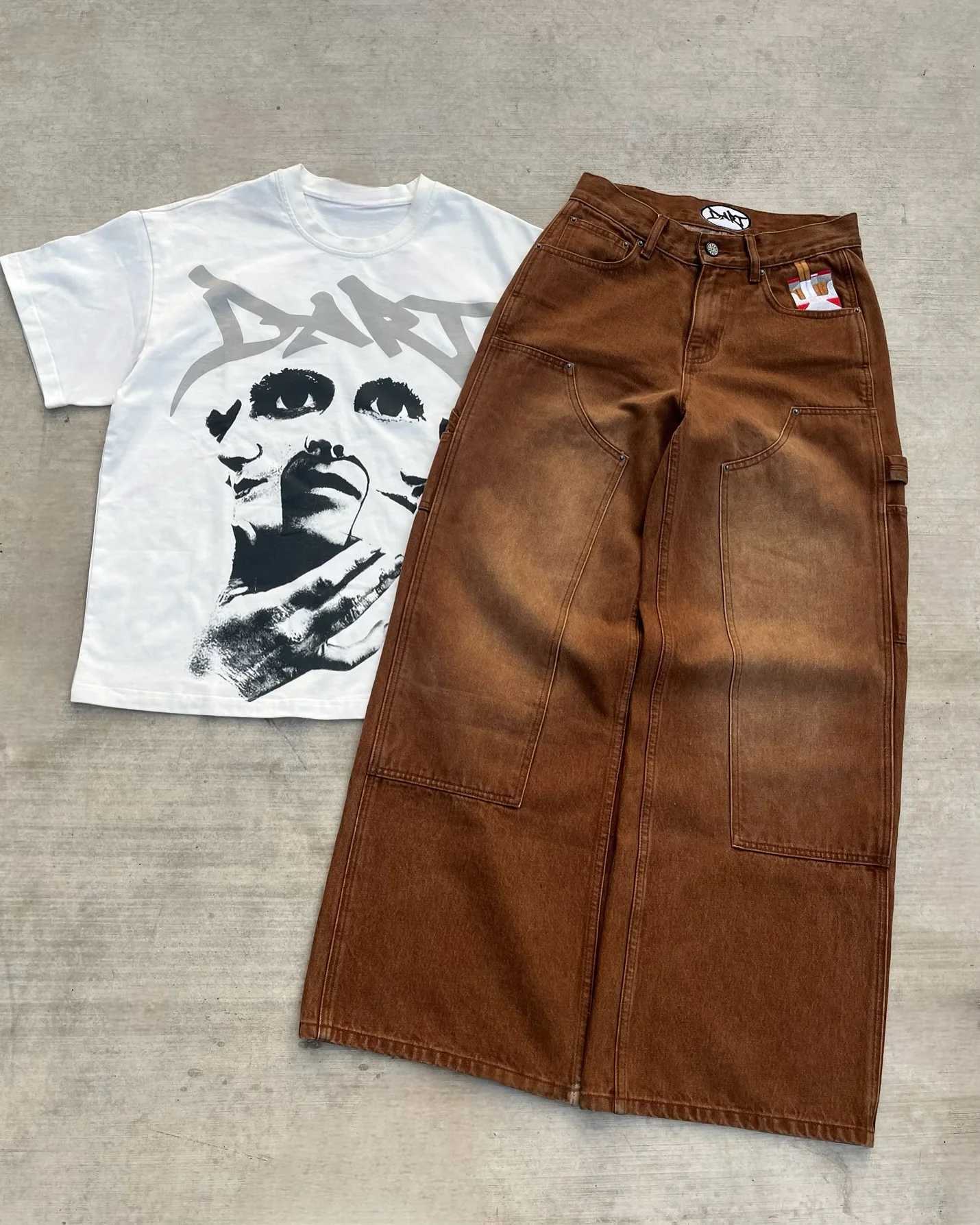 New Y2K Gothic Punk American Retro Punk Embroidered Jeans Mens Washed Old Brown Loose Straight Wide Legs Fashionable Jeans Z250605