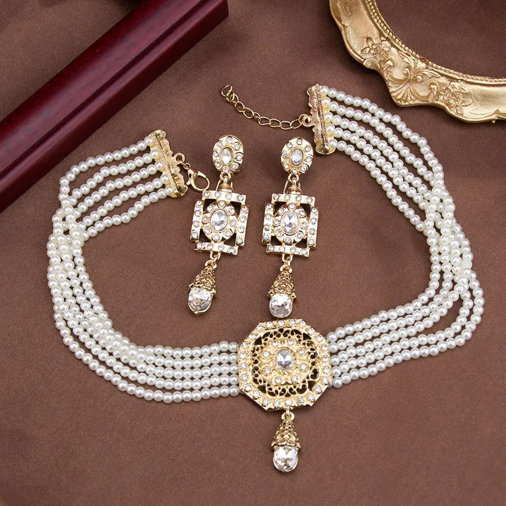 Sunspicems Algeria Beads Choker Necklace String Neck Chain Square Earring For Women Morocco Caftan Jewelry Arabic Bridal Bijoux 250530