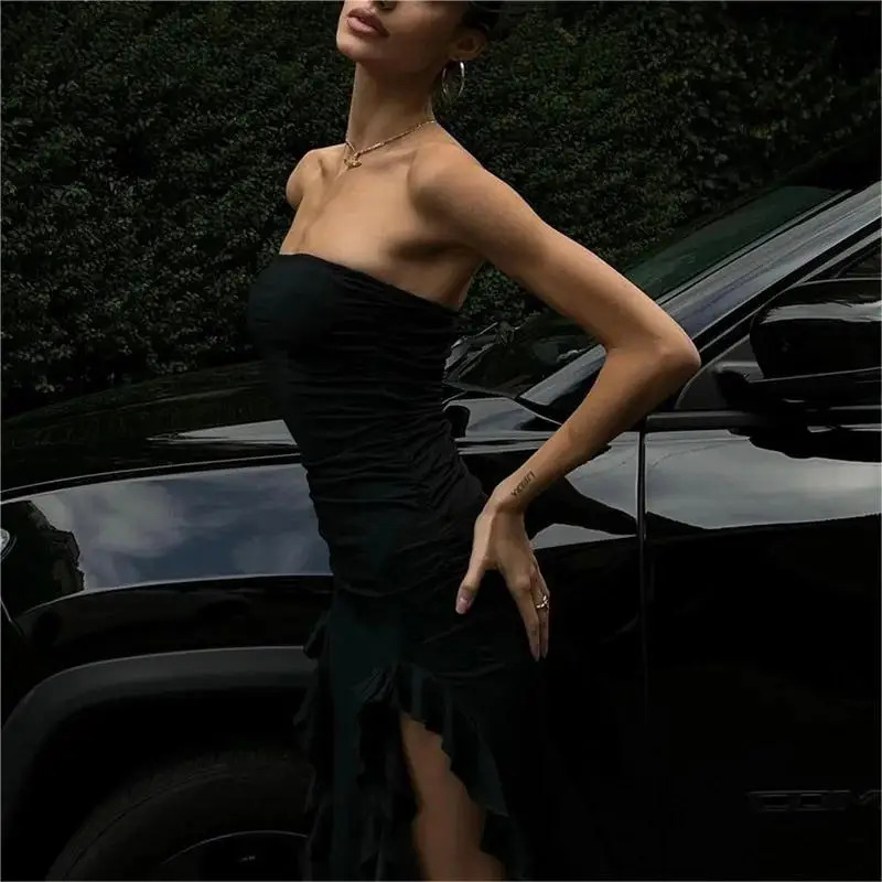 Sexy Tassel Fairy Dress Aesthetic Tube Tops Summer Irregular Midi Dresses Elegant Beach Party Outfits Womens Robe Vestidos 250605