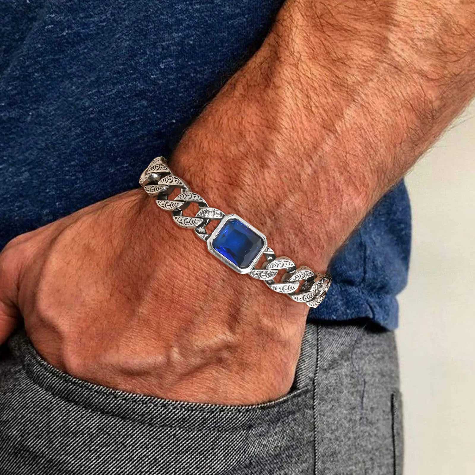 Chunky Cuban Chain Bracelets for Men Boys Embossed Stainless Steel Chain Link Wristband with Blue Stone Retro Jewelry Gift W250606