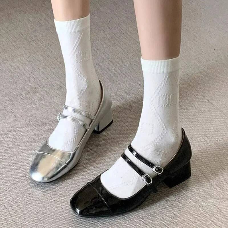 Ddmyoutdoor Women S Fashion Mary Janes Autumn Sliver Leather Buckle Mid Heels Dress Square Toe Shallow Chunky Heels Shoes Outdoor Shoes