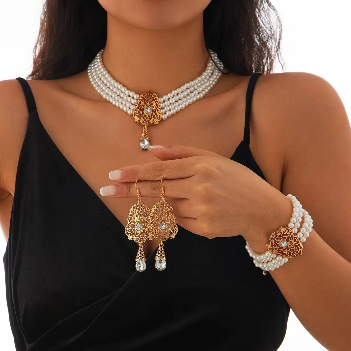 SHIXIN Multilayer Imitation Pearl Necklace Bracelet Earring Women Water Drop Green Rhinestone Choker Wedding Jewelry Set 250530