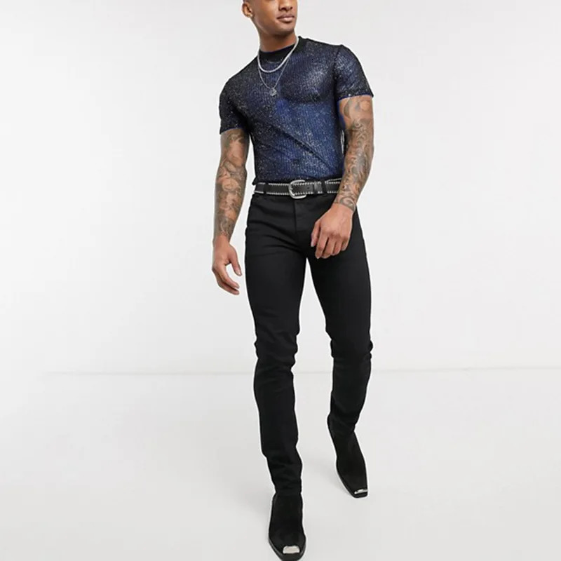 Mens Short Sleeve Mesh T Shirt Sheer Slim Fit Shiny Sexy See-through Party Nightclub Thin Breathable Clothing Leisure Tees 250605