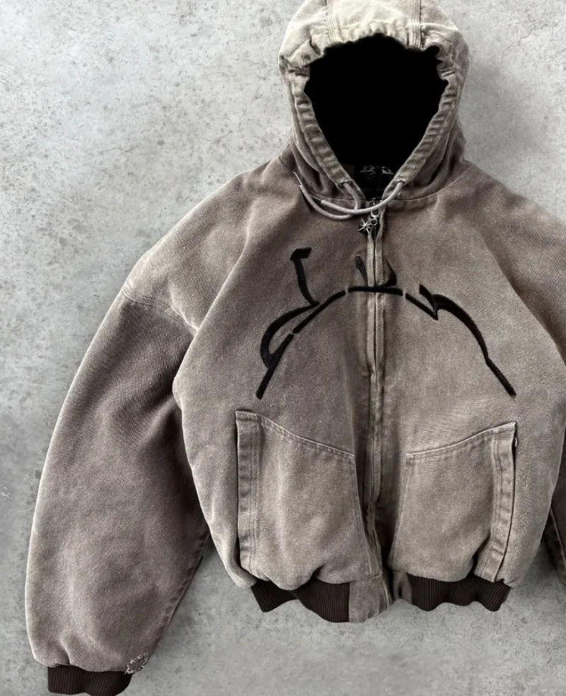 Y2K American High Street Washing Zipper Hooded Sweater Retro Harajuku Fashion Loose Hooded Top Clothing for Men and Women 250605