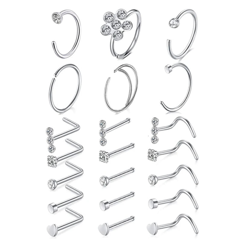 21pcs/lot 20G Stainless Steel Nose Ring Stud Set Heart Crystal Nose Piercing Screw L Shape Nostril Hoop Nose Body Jewelry 250605